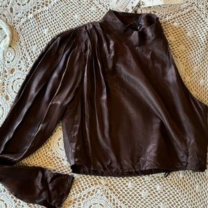 ZARA Top Women’s Medium Brown Satin Asymmetrical Crop Puff Sleeve Love Is Blind